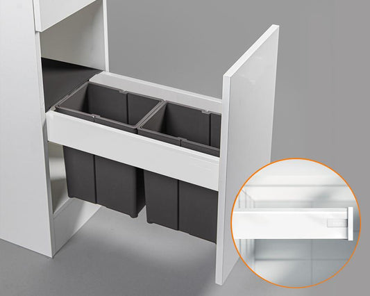 Blum TANDEMBOX antaro Standard Drawer M Height 83MM 65kg 500mm Silk White with BLUMOTION + Grey 20LT (2x8LT bins) WBPB3020Z. To suit 300mm cabinet