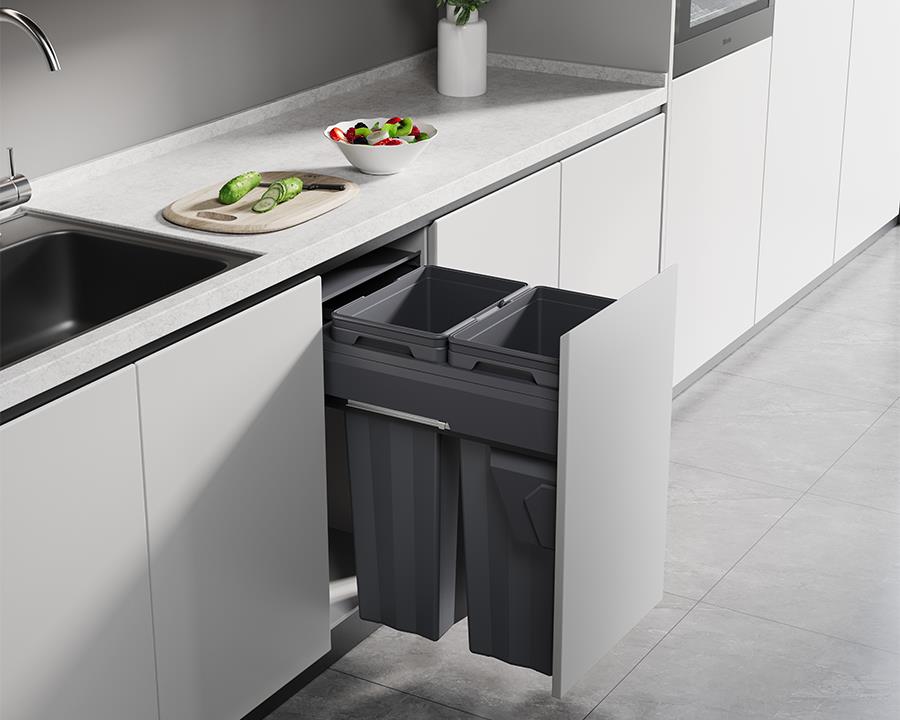 Kia Ora VITA 62L (2x31L) Kitchen Bin in Dark Grey. To suit 400mm cabinet K62400