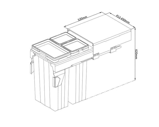 Kia Ora VITA 69L (2x16L+37L) Kitchen Bin in Dark Grey. To suit 450mm cabinet K69450