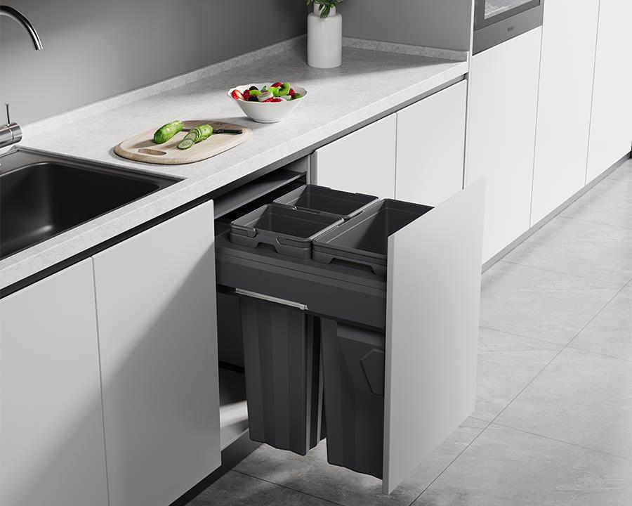 Kia Ora VITA 69L (2x16L+37L) Kitchen Bin in Dark Grey. To suit 500mm cabinet K69