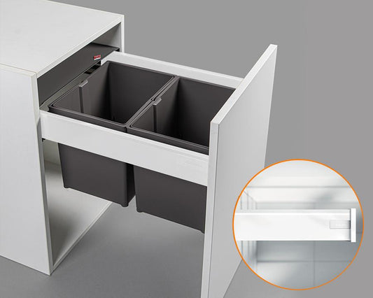 Blum TANDEMBOX antaro Standard Drawer M Height 83MM 30kg 500mm Silk White with BLUMOTION + Orion Grey 34L (2x17L bins) WBPB5040Z. To suit 500mm cabinet.